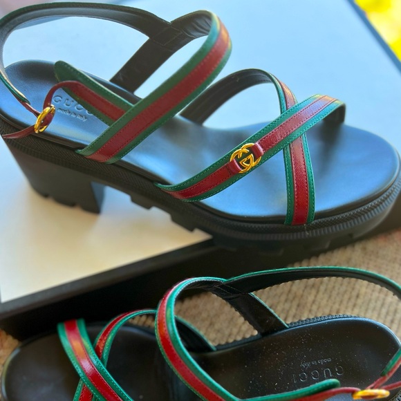 SOLD - Gucci Green/Red Leather Block Lug Heel Sandals Size 40 Quentin - Picture 7 of 10